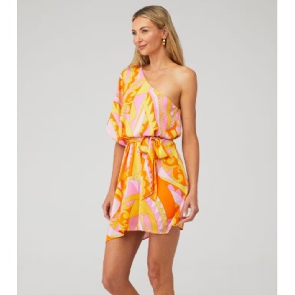 Show Me Your Mumu Womens Large One Shoulder Mini Dress Retro Swirl Orange Pink